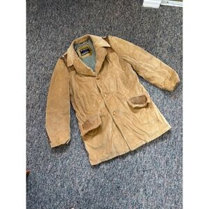 Vintage 70s Coat Sears Mens 44 Tall Tan Corduroy Button Front Plaid Lined Jacket